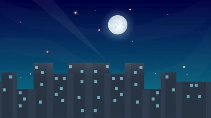 夜空的卡通背景。摩天大楼的城市景观动画