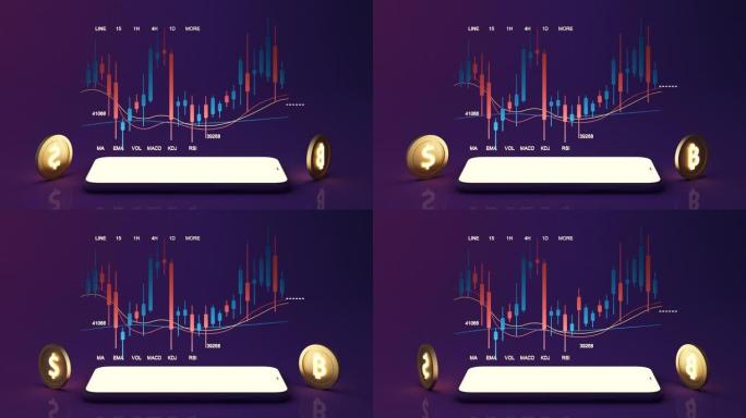 数字货币黄金转移硬币它围在数字货币图表上，条形图与紫色背景的智能手机屏幕上下交替。3d渲染动画循环