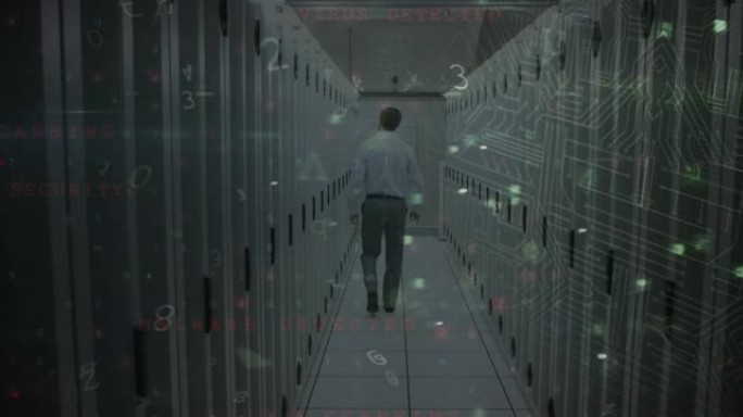 挂锁符号动画，主板上，人在服务器机房行走和数据处理