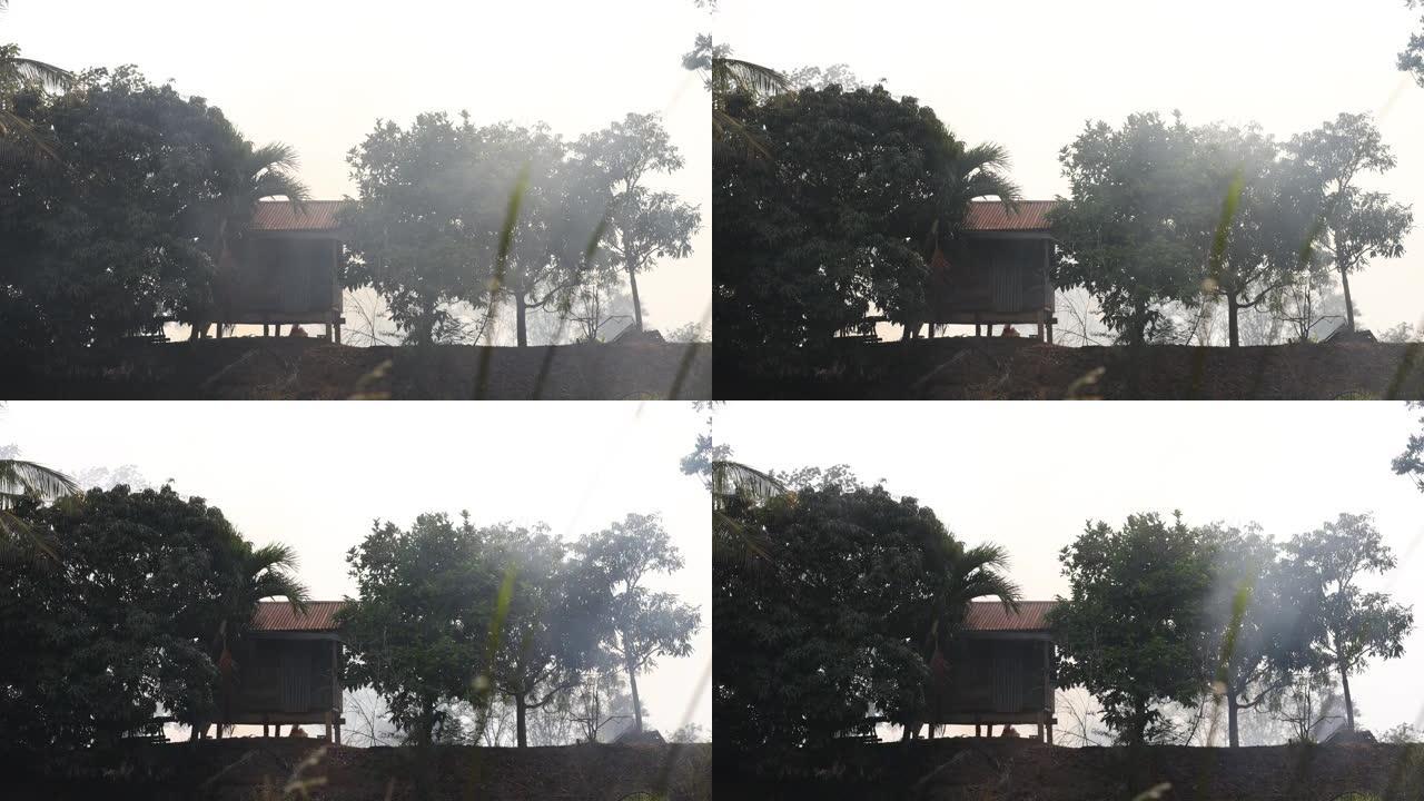 土堆上树木之间的小屋和秸秆燃烧产生的烟雾。