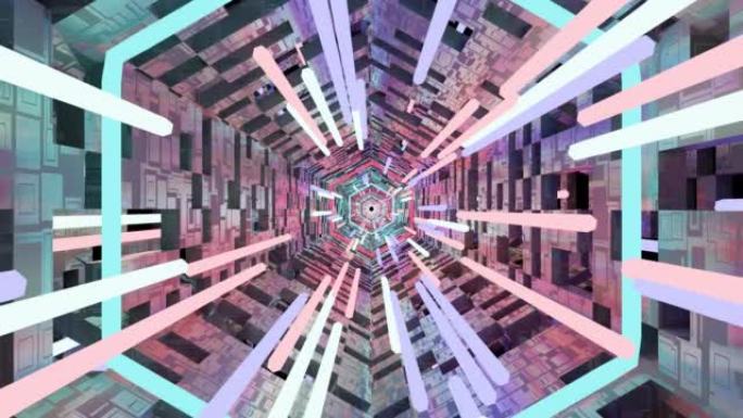 运动图形飞入数字技术隧道。穿越时空的虫洞。具有未来矩阵的3D大数据数字隧道广场。技术和连接运动背景。