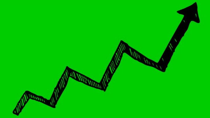 带有趋势线图的动画财务增长图。箭头的黑色图标。经济增长条形图。手绘矢量插图孤立在绿色背景上。