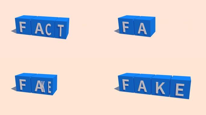 “事实” 一词改为假的。3D动画。社交网络和新闻概念。