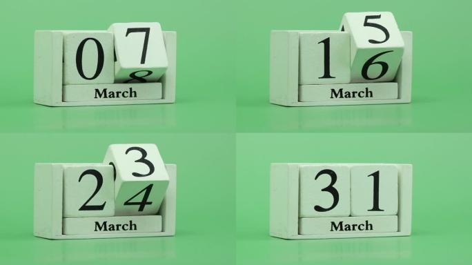 3月日历4k停止运动通过手工制作的木制日历在一个月内的快速时间