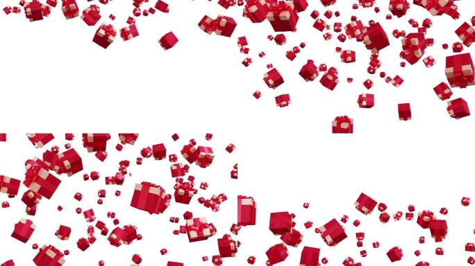 节日红色礼品盒落在白色背景上。圣诞节，情人节和新年假期音乐会。3D动画。孤立。