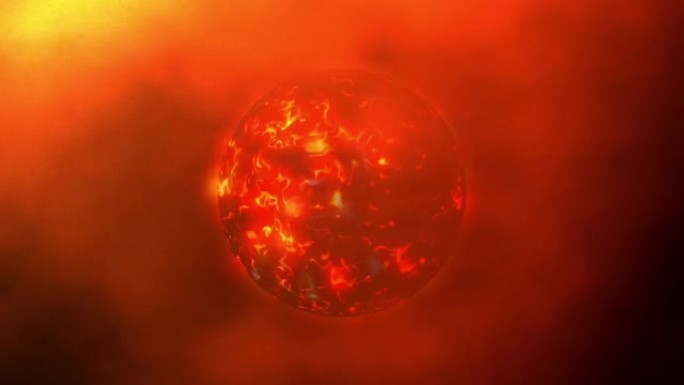 抽象无尽循环动画科幻暗能量橙色云上的星球。红色幻想未来等离子球无缝循环。抽象神奇的红色能量球。