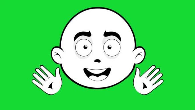 光头卡通人物脸部的循环动画，用手挥舞，用黑白绘制