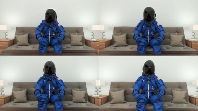 穿着蓝色太空服的宇航员看电视电影。兴奋和不断移动。