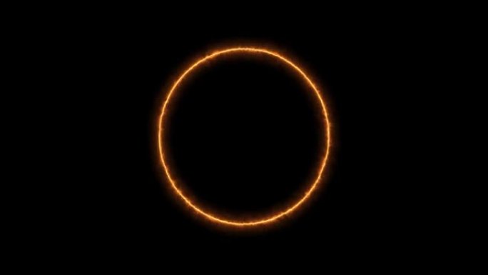 黄色橙色霓虹灯的闪电环，黑色背景上的能量。带雷电放电的抽象能量圈。渐渐地，出现了黄色的橙色环，并在圆