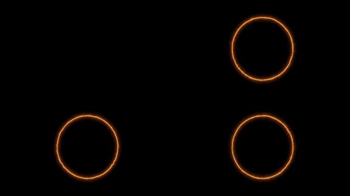 黄色橙色霓虹灯的闪电环，黑色背景上的能量。带雷电放电的抽象能量圈。渐渐地，出现了黄色的橙色环，并在圆