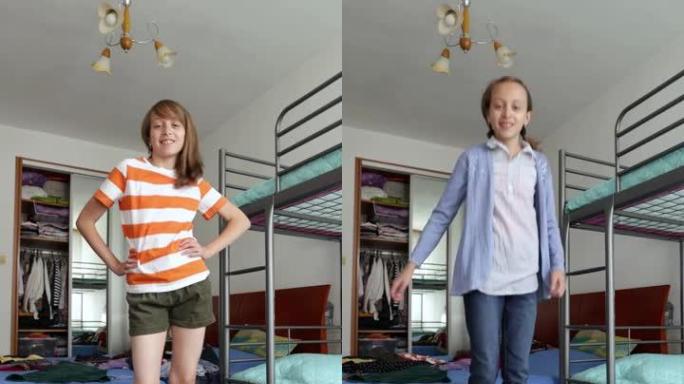 年轻女孩在学校的第一天尝试服装