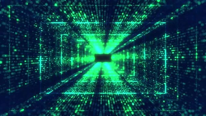 飞过未来主义的隧道。抽象3D动画。数据网络、虚拟现实、量子。照明走廊的概念，室内设计，宇宙飞船，银河