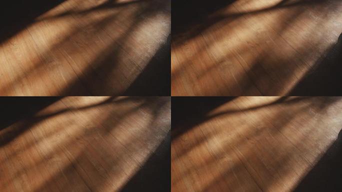 棕色木地板背景上有吹风覆盖的阴影叶子