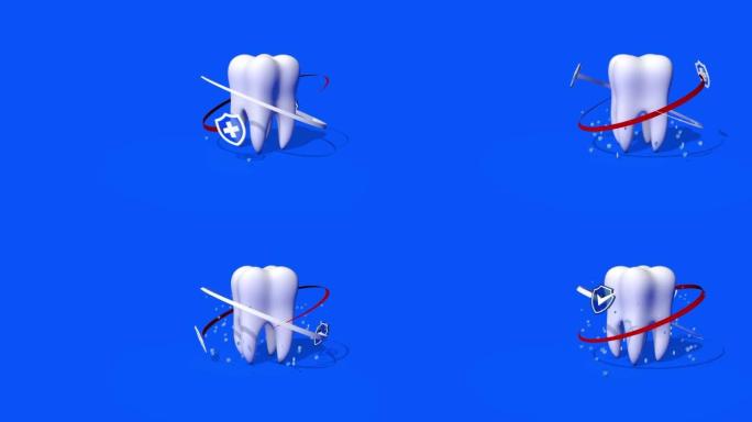 蓝色背景上的3D牙齿，带有安全和医疗防护罩