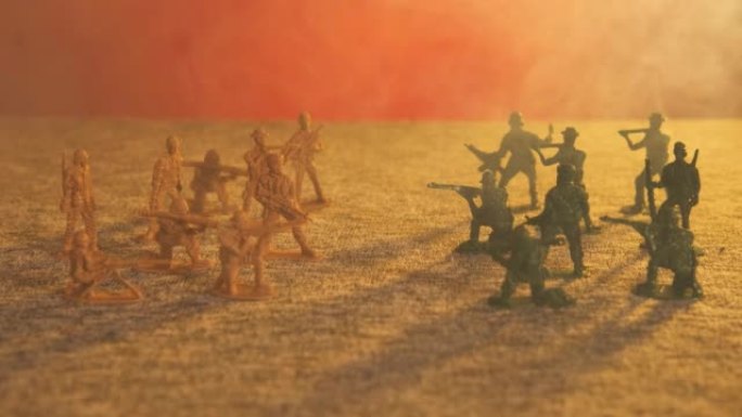 黄色和绿色的塑料玩具士兵组成的军队在烟雾中相对地站着，背景是闪烁的红光。军事作战行动的概念