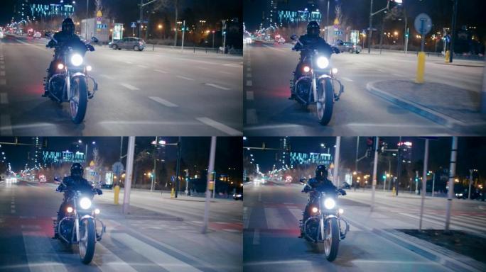 深夜，Rock Biker在华沙的城市道路和街道上骑摩托车