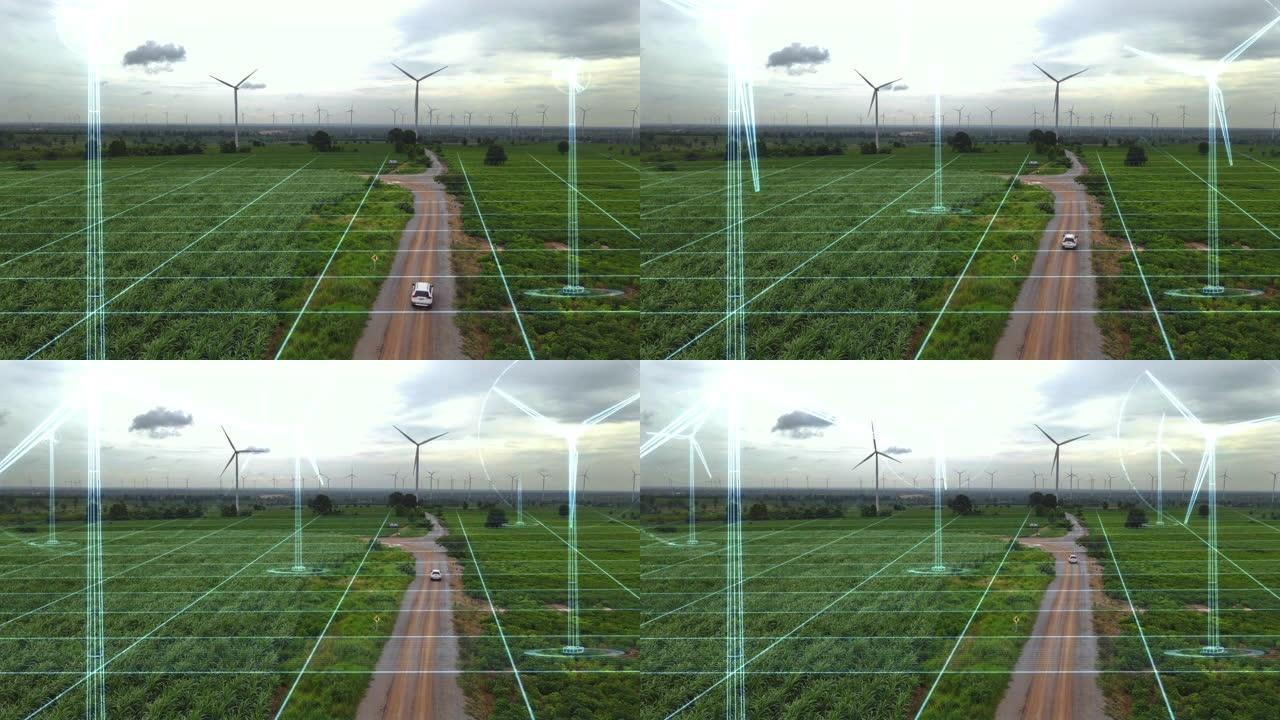 具有产生绿色能源的运动图形概念的风力涡轮机电力的鸟瞰图。未来技术的数字效果。