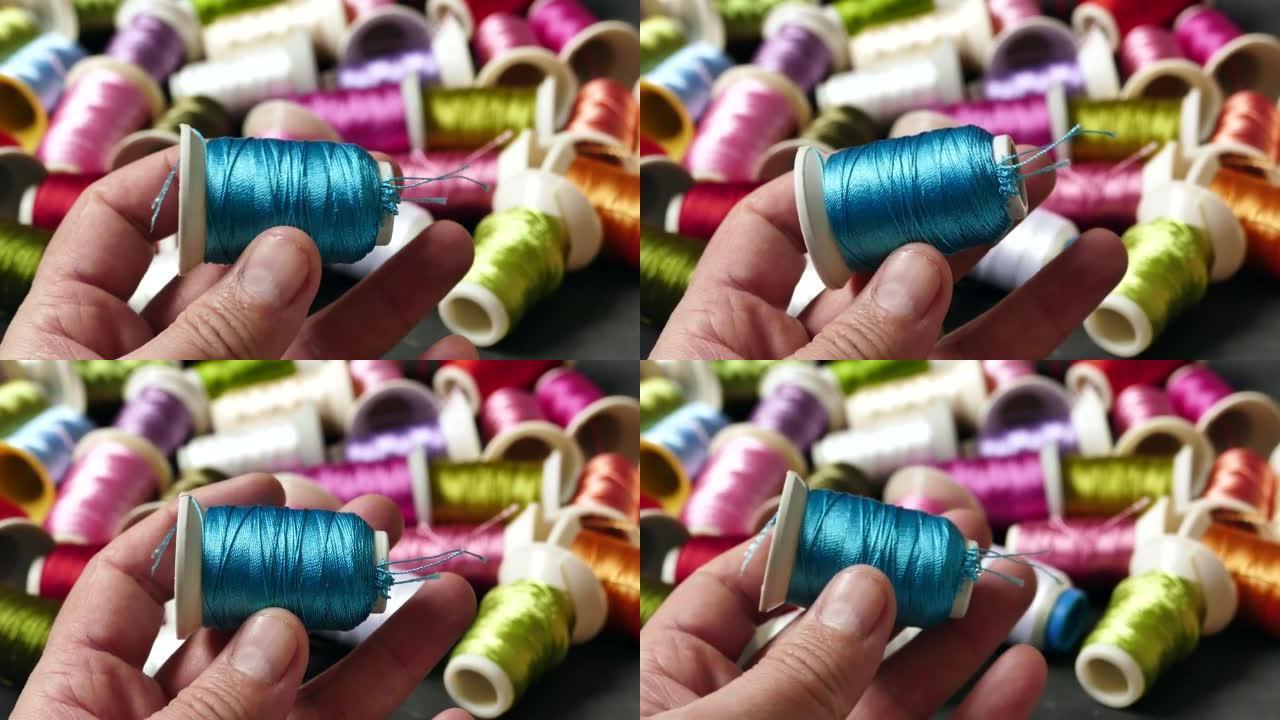 特写彩色线，工艺线，线轴上缠绕的彩色蕾丝编织线，