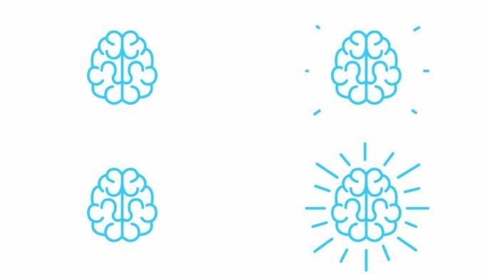 大脑的动画蓝色符号。想法和创意的概念。循环视频。线矢量插图孤立在白色背景上。