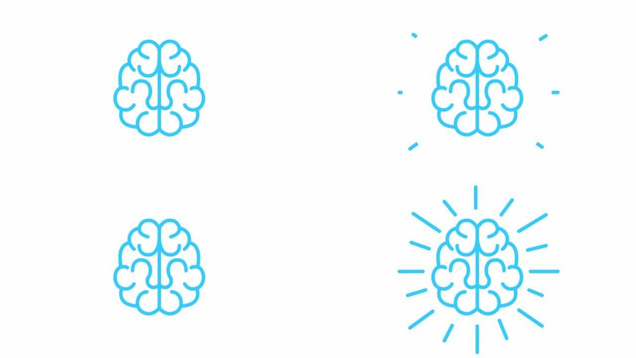 大脑的动画蓝色符号。想法和创意的概念。循环视频。线矢量插图孤立在白色背景上。