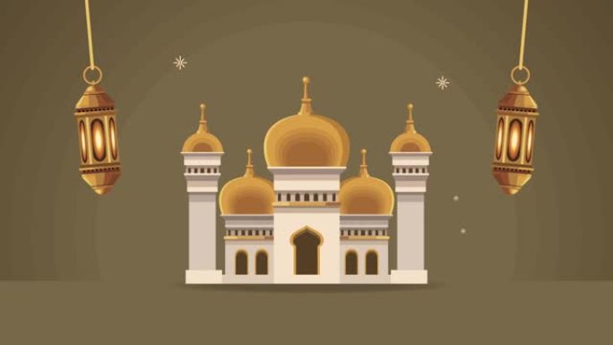 斋月卡里姆动画与清真寺寺庙和灯