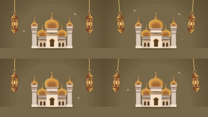 斋月卡里姆动画与清真寺寺庙和灯