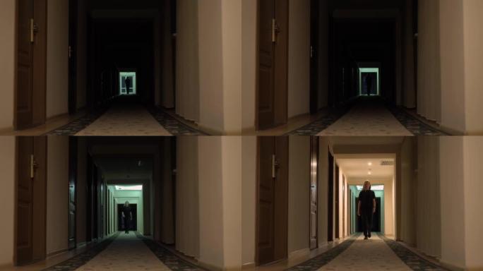 女人在黑暗的酒店走廊上向前走。令人毛骨悚然的恐怖闪光。悬疑神秘酒店门大厅隧道。奇怪的女士