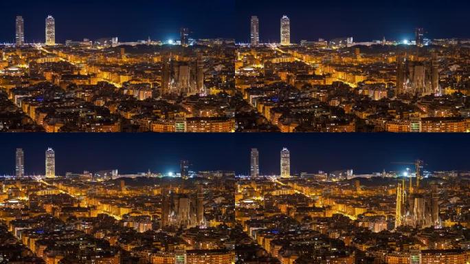 西班牙加泰罗尼亚晚上巴塞罗那城市景观的延时视图