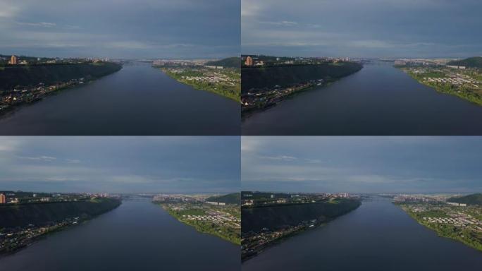 夏季无人机拍摄时，克拉斯诺亚尔斯克市叶尼塞河的鸟瞰图