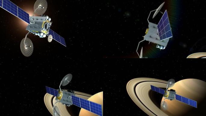 虚构太空卫星正在接近土星，3d动画。行星的纹理是在图形编辑器中创建的，没有照片和其他图像。