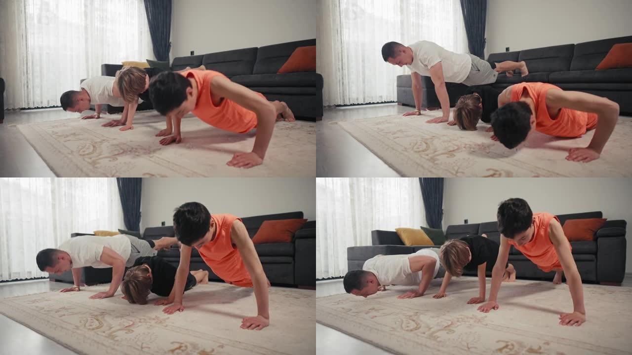 父亲带着孩子在家锻炼。父亲和两个儿子在家在客厅的地毯上做运动