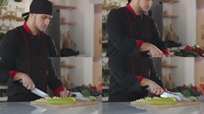 复制厨师用锋利的菜刀切西葫芦的空间镜头