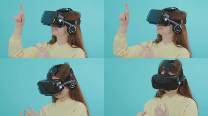 探索孤立在蓝色背景上的虚拟现实的少女。