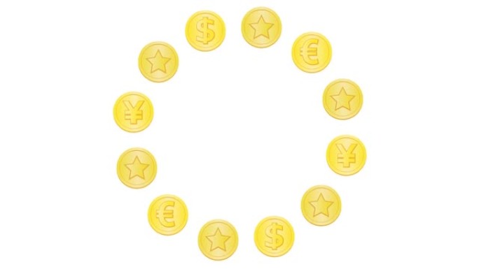 美元、欧元和日元硬币正在旋转。