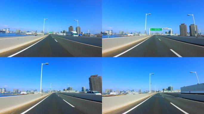在城市高速公路上行驶。以4k视点在高速公路上驾驶汽车。