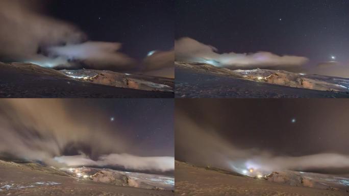 西班牙内华达山脉射电望远镜在雪山景观滑雪场上的夜空延时