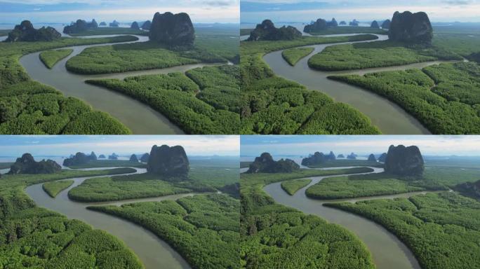 泰国攀牙省红树林的鸟瞰图日落场景，日出，4K(UHD)，海洋和红树林景观的空中拍摄