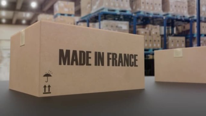 传送带上有法国制造文字的盒子。法国商品相关可循环3D动画