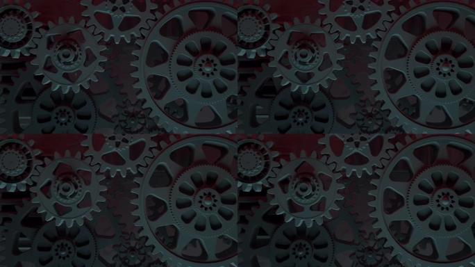 黑色齿轮平稳旋转。毛圈的3 d动画。抽象的工作流。业务和团队技术的概念。寒冷多雾的背景