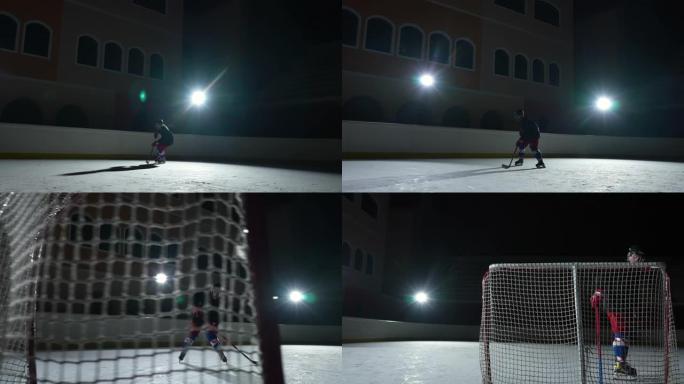 运动员在聚光灯下的黑暗冰上竞技场上打曲棍球。身穿制服，戴着手握棍子的头盔在冰上滑行并进球。冰球击中了