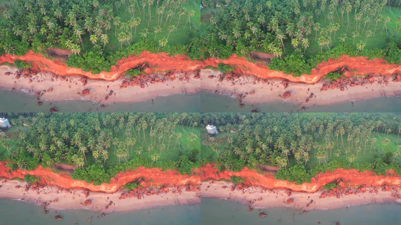 空中无人机日出场景红色悬崖，泰国prahuapkhirikhan省泰国湾风浪侵蚀形成的红色悬崖