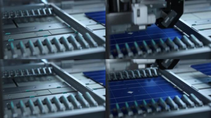 在先进工厂的太阳能电池板生产过程中，太阳能电池板电池正在输送机上移动和测试