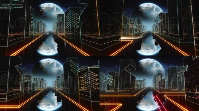 80年代Retrowave night city synthwave VJ无缝循环，配有霓虹灯、地球