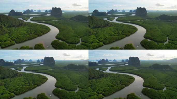 泰国攀牙省红树林的鸟瞰图日落场景，日出，4K(UHD)，海洋和红树林景观的空中拍摄