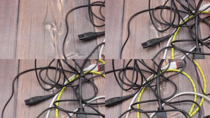 电线特写。一捆电线。缠结的电线。杂七杂八的电线缠结。