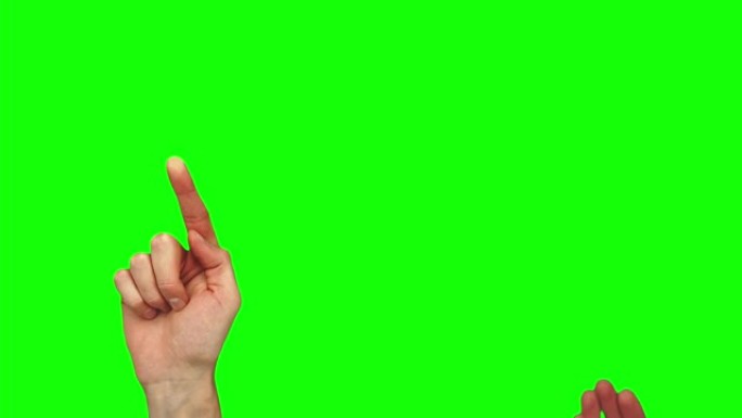 用男性白种人手在绿色屏幕上控制虚拟触摸屏显示的30个手势