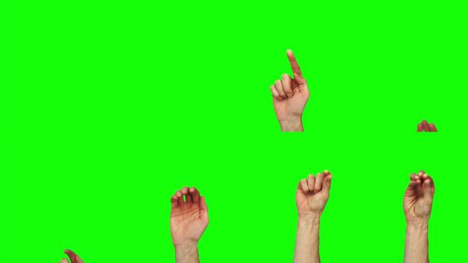 用男性白种人手在绿色屏幕上控制虚拟触摸屏显示的30个手势