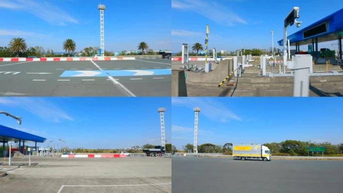 经过收费站。在高速公路上行驶。