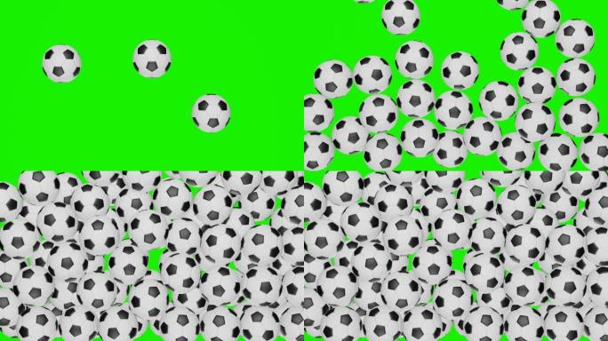 许多足球落在chromakey背景上。