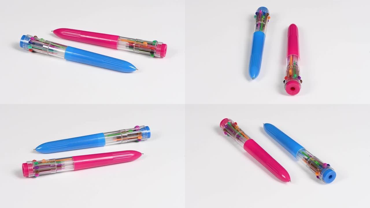 白色上有两支彩色笔芯的钢笔。十种不同的颜色。侧视图。循环运动。旋转360。